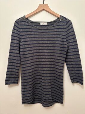 Alashan 100% Cashmere Grey and Navy Striped Sweater w/ ¾ Sleeves